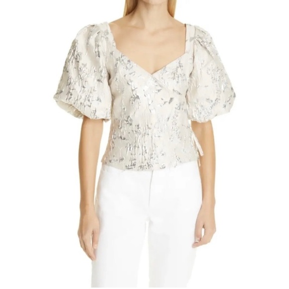 JONATHAN SIMKHAI Taylor Matelassé Puff Sleeve Top Champagne Puff NEW - Picture 3 of 10